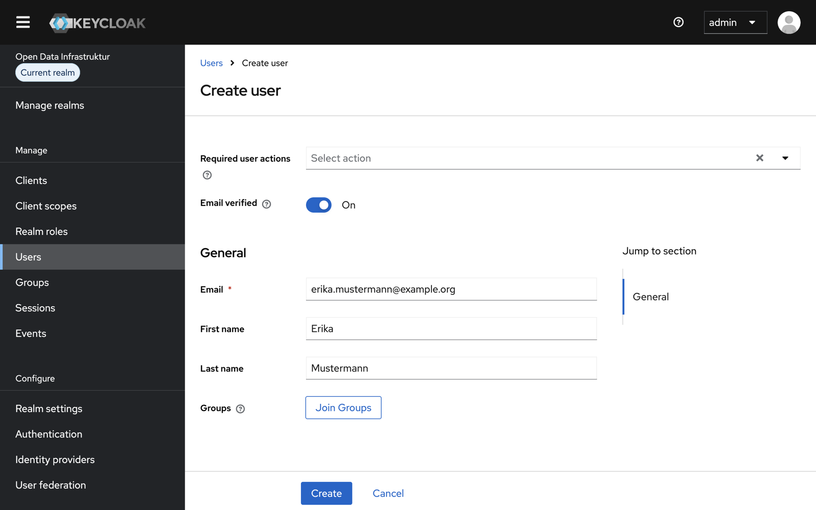 Formular „Create user“ mit E-Mail-Adresse, Vor- und Nachname