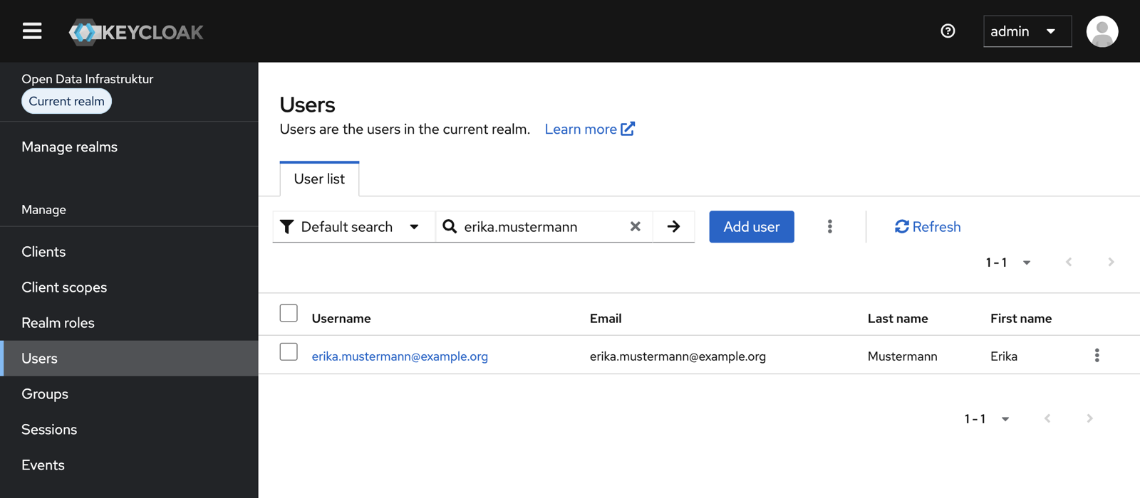 Benutzerliste in Keycloak mit Suchfeld und der Schaltfläche „Add user“