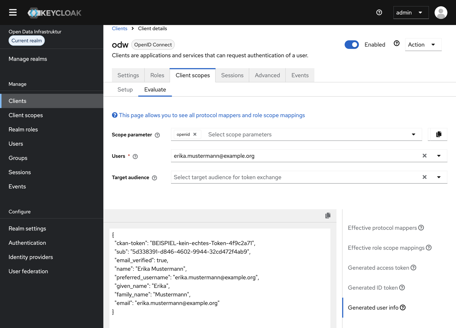 Reiter „Evaluate“ mit der erzeugten User-Info und dem Eintrag ckan-token