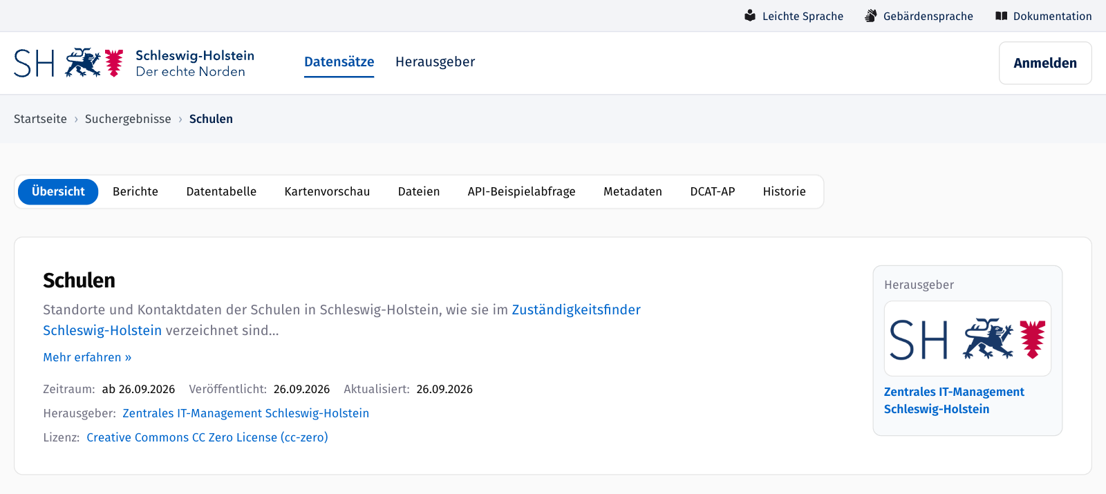 Kopf einer Datensatzseite mit der Leiste der Bereiche und der Übersicht