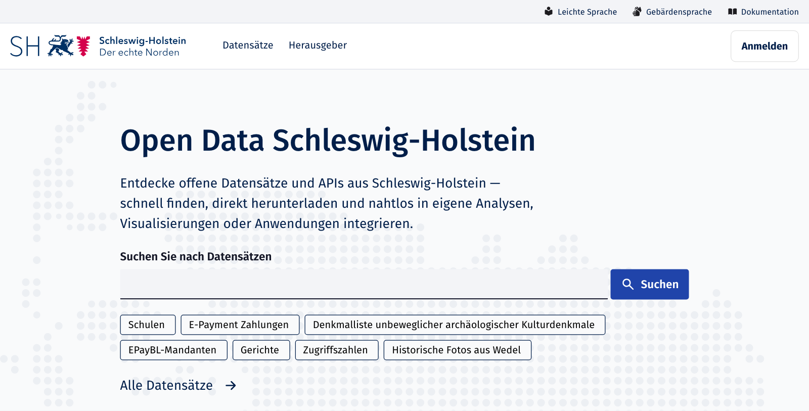 Startseite von Open Data SH mit Suchfeld und beliebten Datensätzen