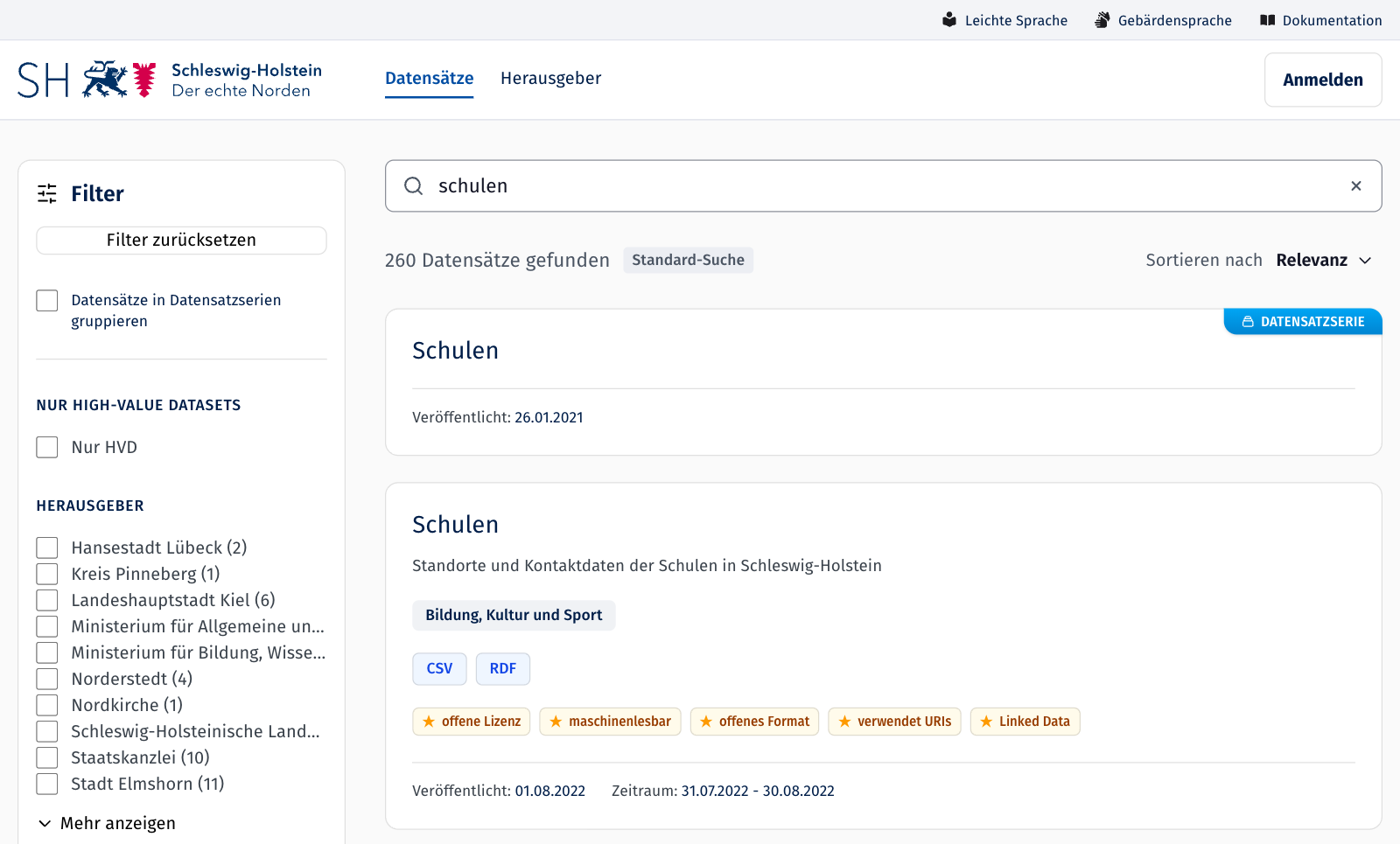 Suchseite mit Filtern links und Treffern rechts