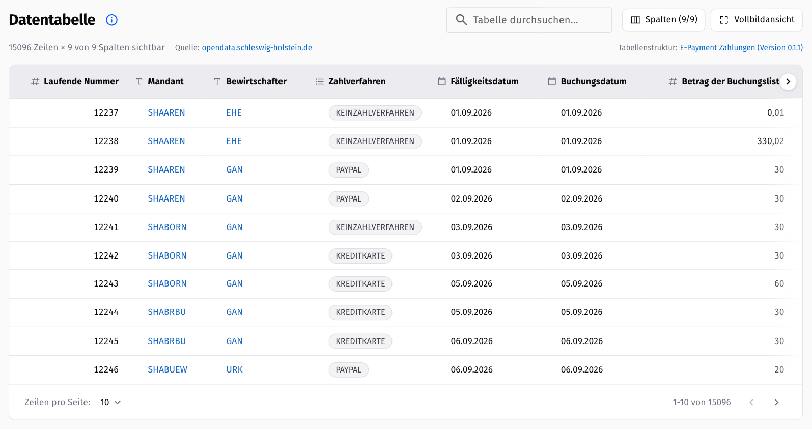 Datentabelle der E-Payment-Zahlungen mit anklickbaren Kürzeln in den Spalten Mandant und Bewirtschafter